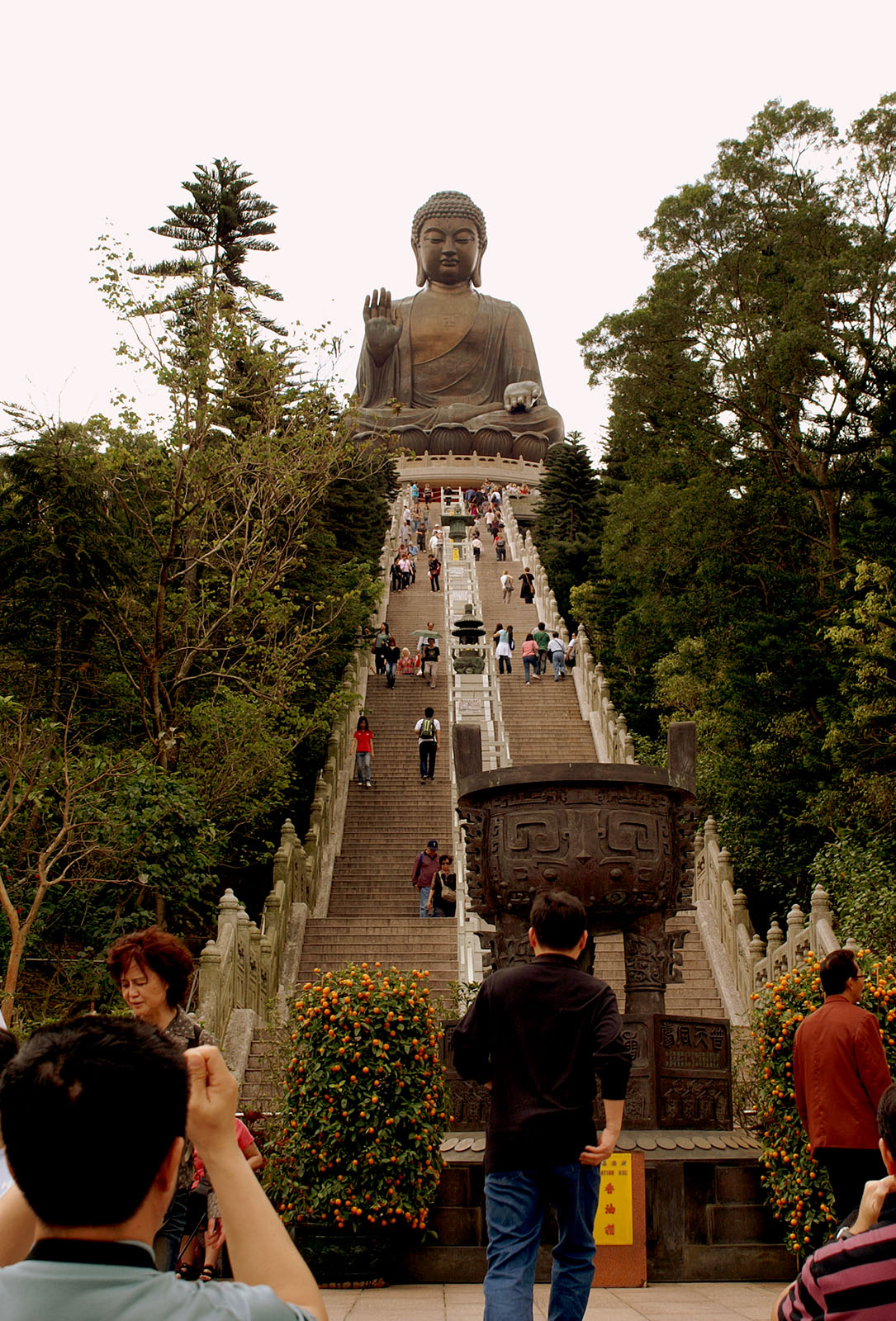 Man takes photo from bottom of stairs to Big Buddha