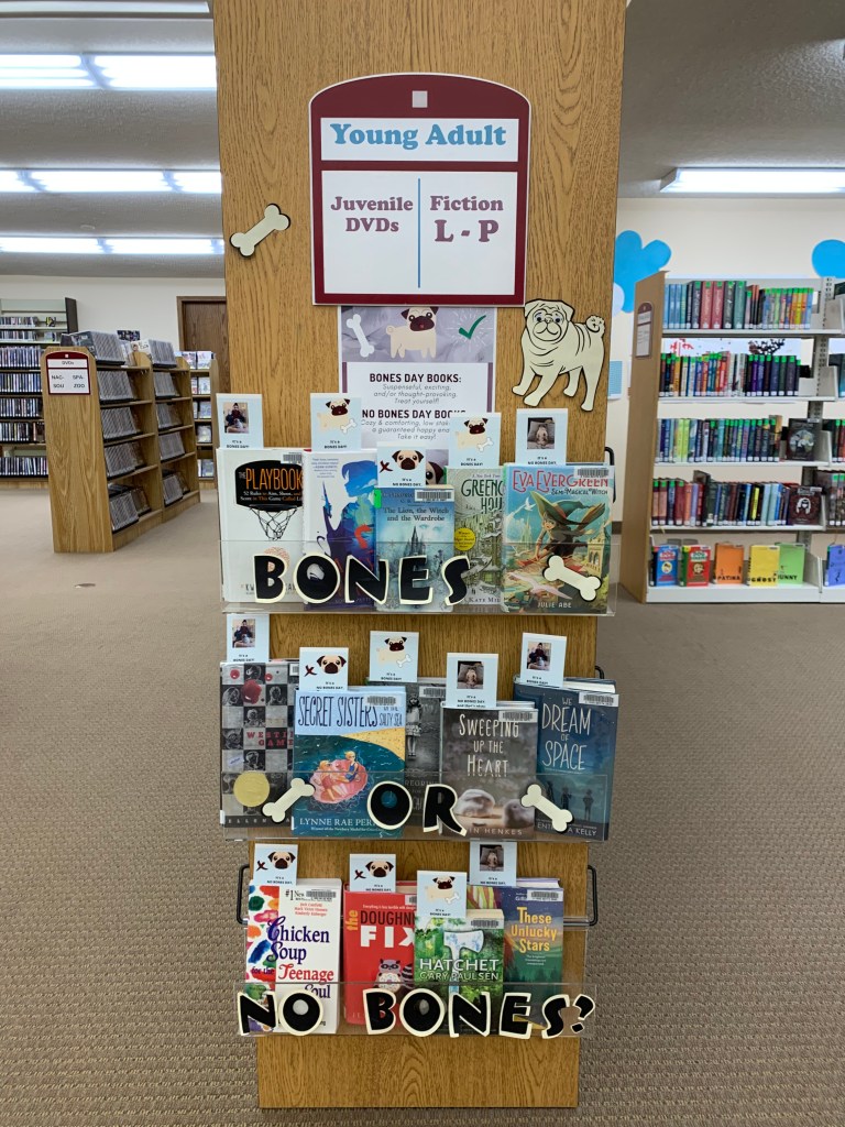 Endcap display featuring Noodle the Pug- Bones or No Bones